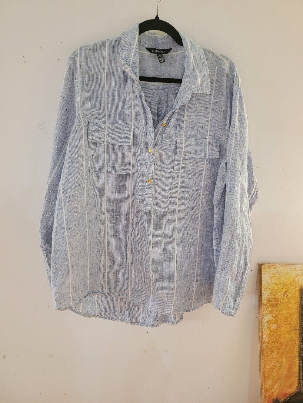 Eileen Tracy XL 100% Linen Blue and White Striped Shirt